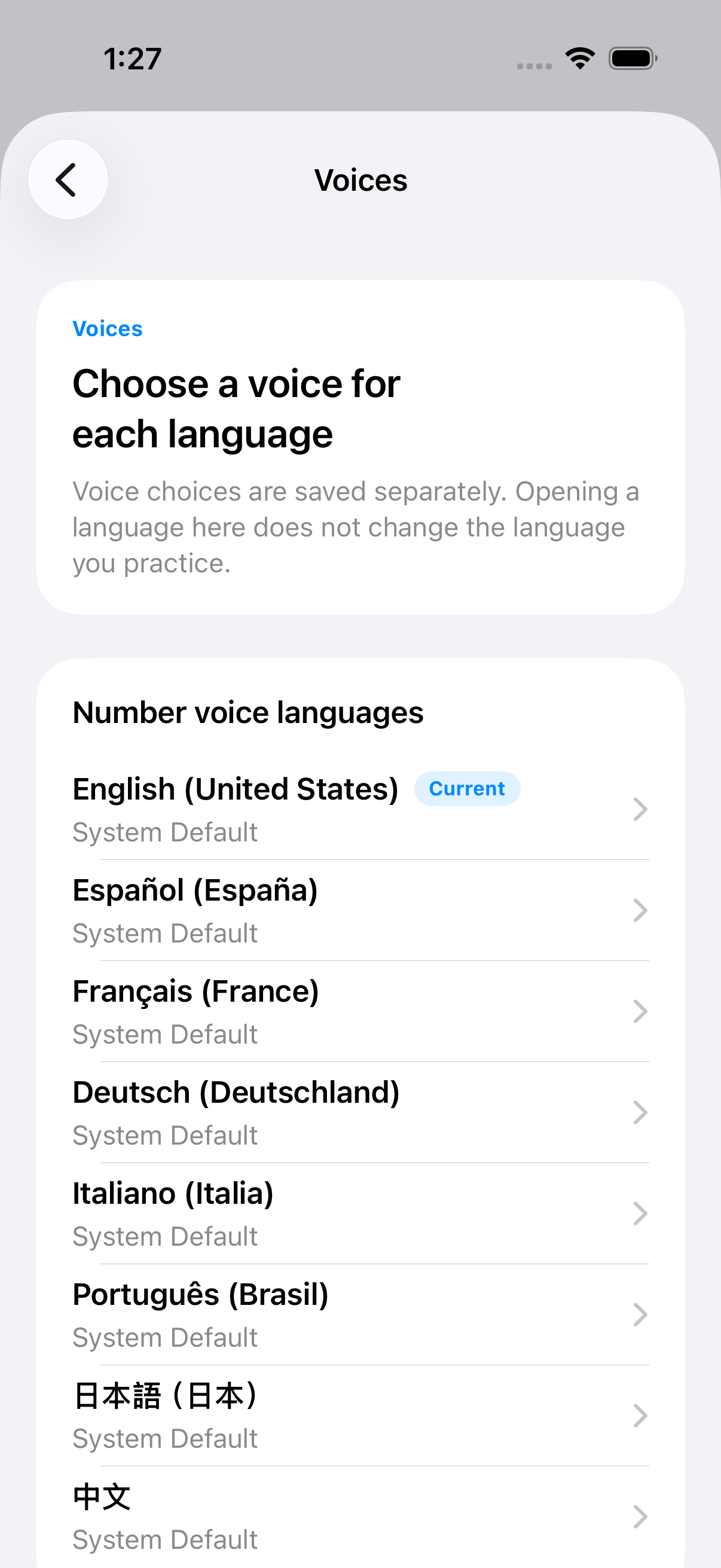 NumListen Voices settings screen listing each number voice language and its selected compatible system voice.