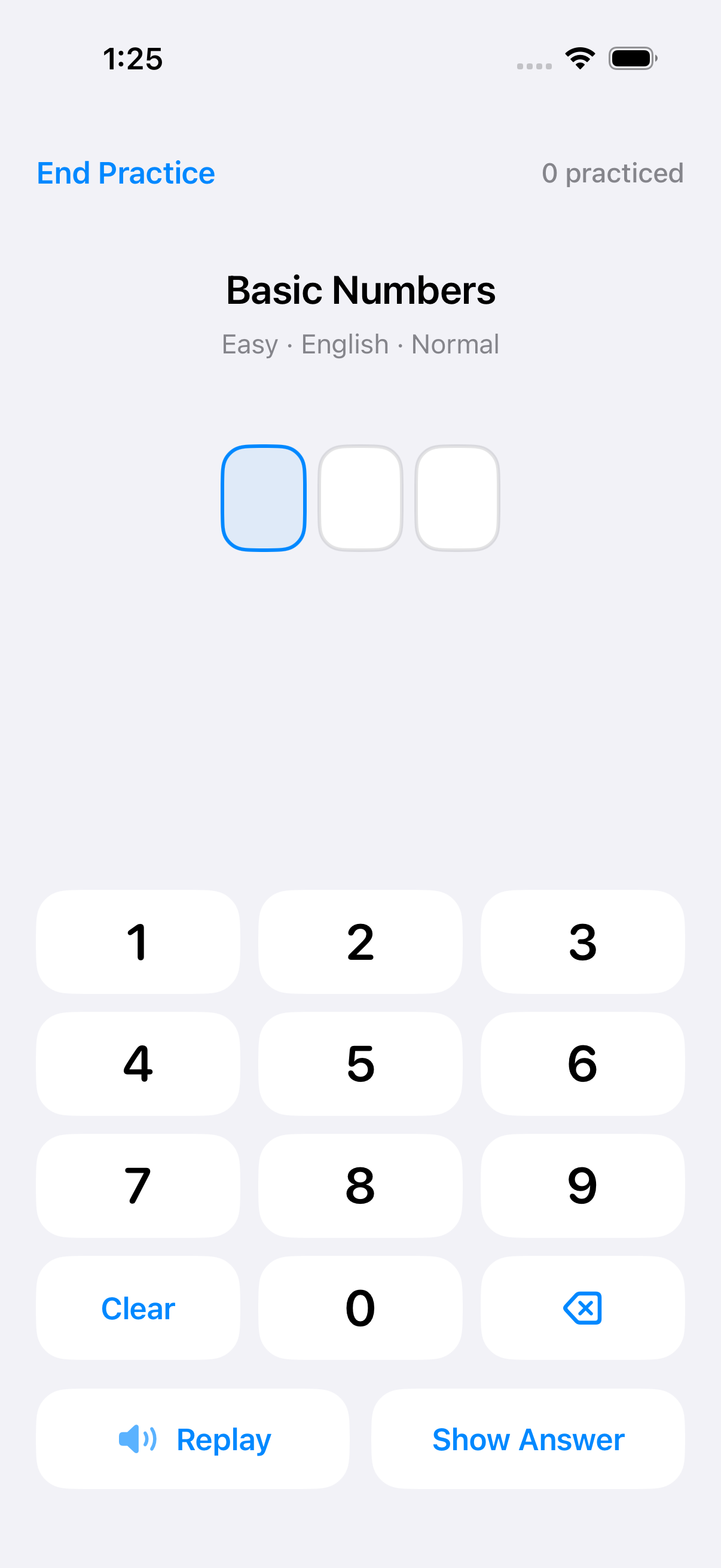 NumListen Basic Numbers exercise with replay, digit-entry slots, and a numeric keypad.