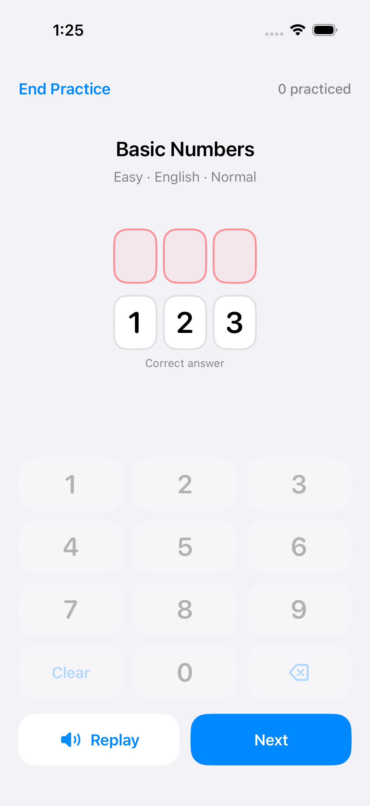 NumListen Basic Numbers feedback screen showing three digit slots, correct-answer feedback, Replay, and Next.