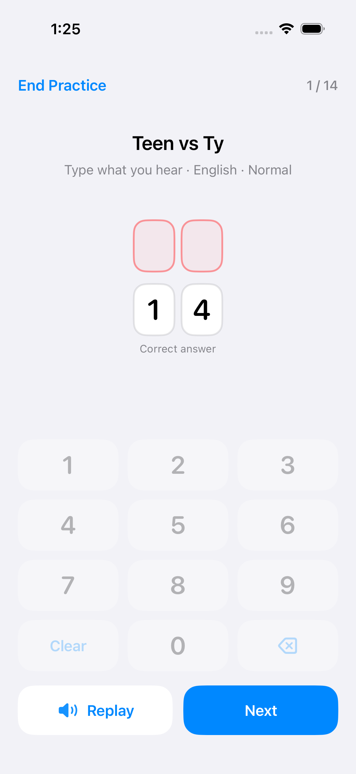 Practice 15 vs 50 and 13 vs 30 in English — Replay or show the answer when needed, then continue with another short pair.