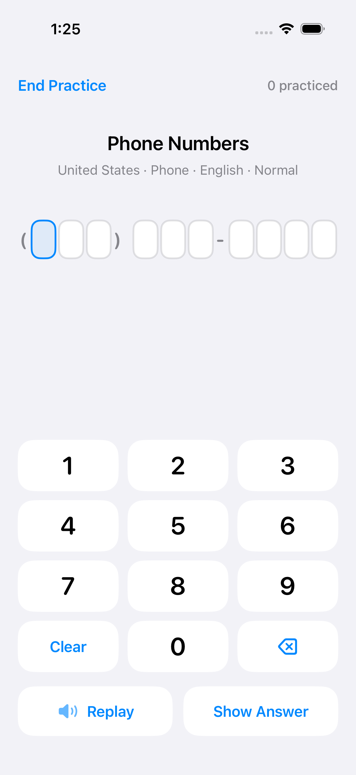 Practice Phone Numbers in English — Pay attention to how a spoken zero is represented in the sample digits.