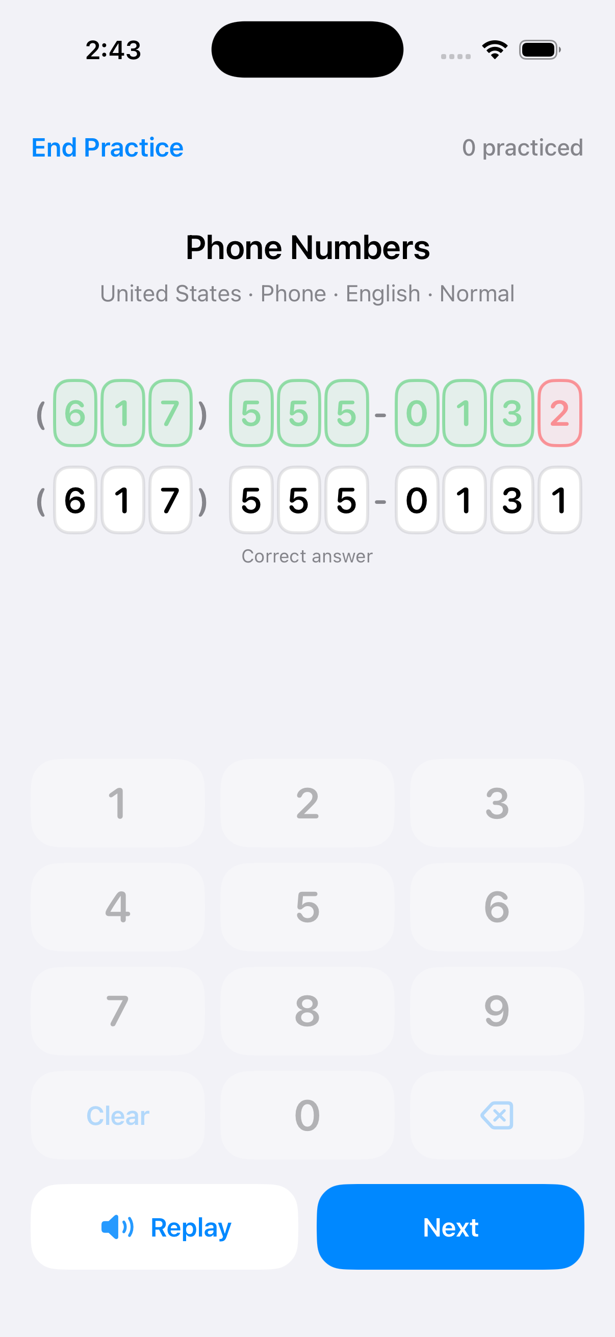 NumListen Phone Numbers feedback screen showing a United States 555 sample number, grouped digit slots, correct-answer feedback, Replay, and Next.