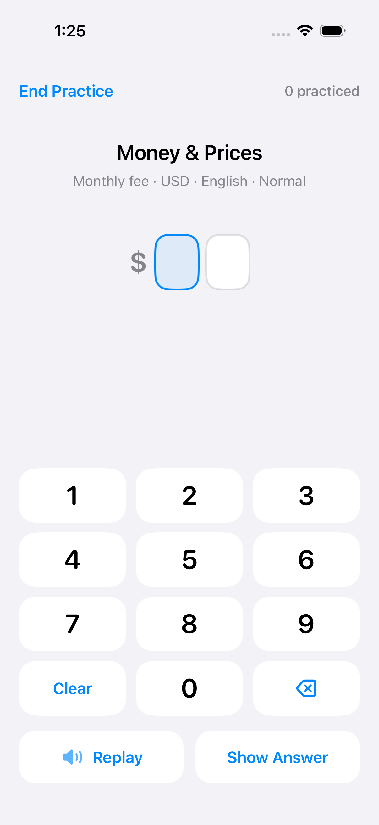 Practice English Prices and Money Amounts — Notice which spoken digits belong before and after the decimal point in the example.