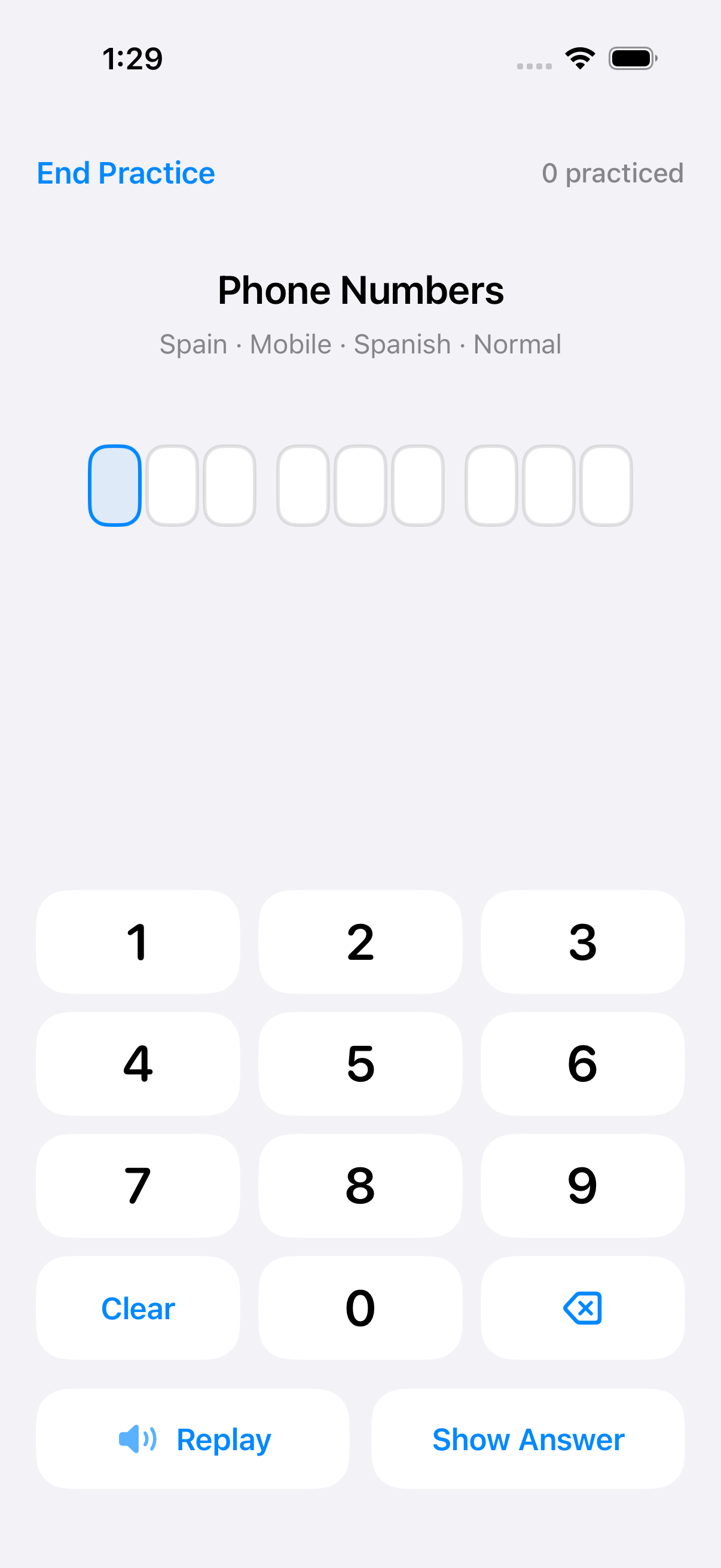 NumListen screen for Spanish phone-number practice, with replay, segmented digit input, and a check control.