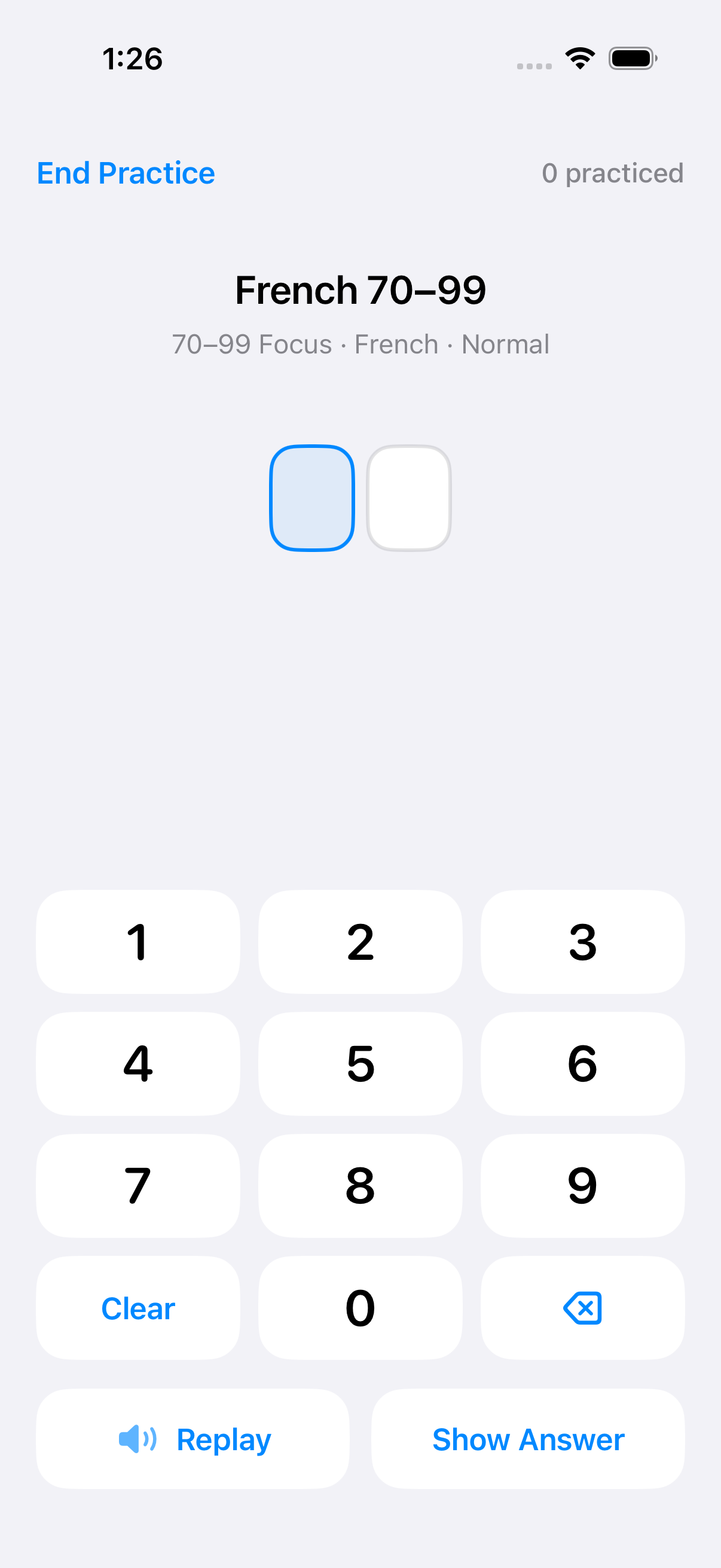 NumListen screen for French 70–99 practice, with replay, segmented digit input, and a check control.
