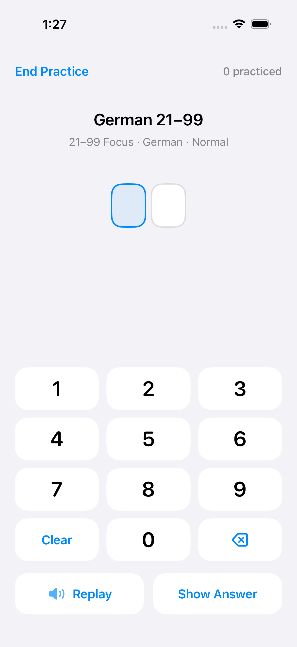 NumListen screen for German 21–99 practice, with replay, segmented digit input, and a check control.