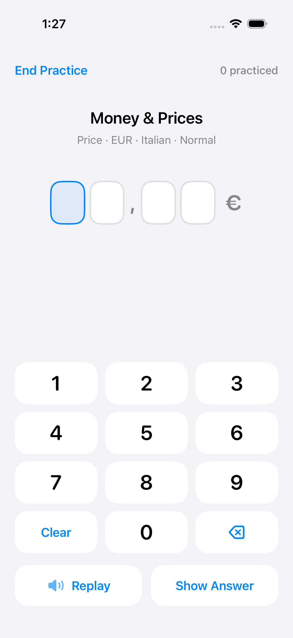 NumListen screen for Italian price practice, with replay, segmented digit input, and a check control.