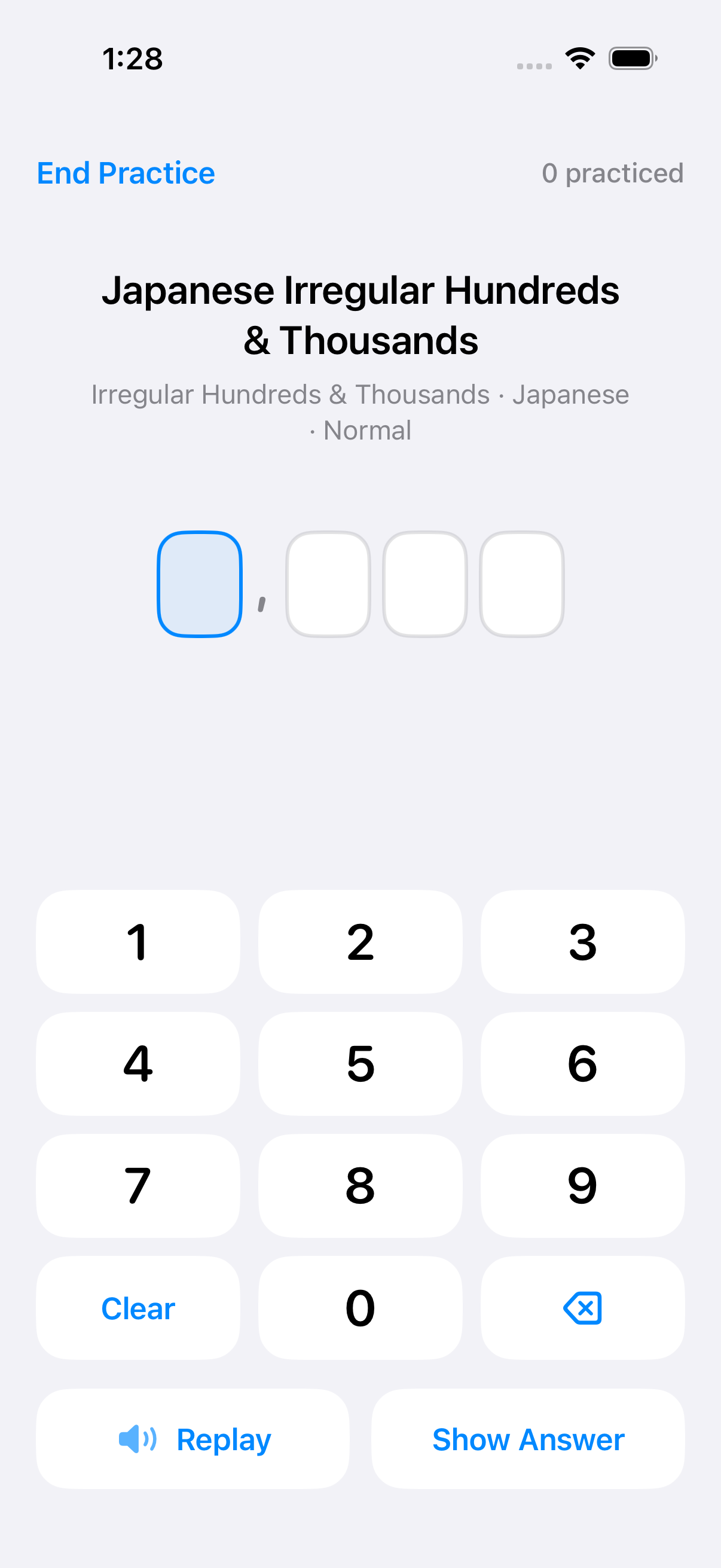 NumListen screen for Japanese irregular hundreds and thousands, with replay, segmented digit input, and a check control.