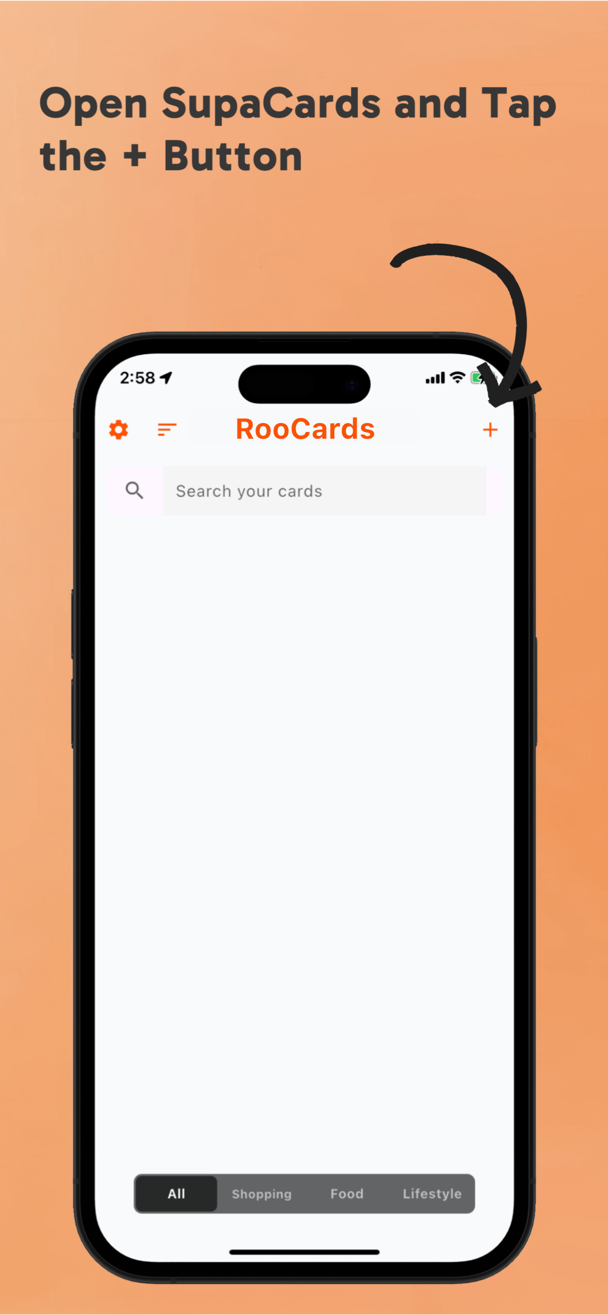 RooCards home screen with plus button highlighted