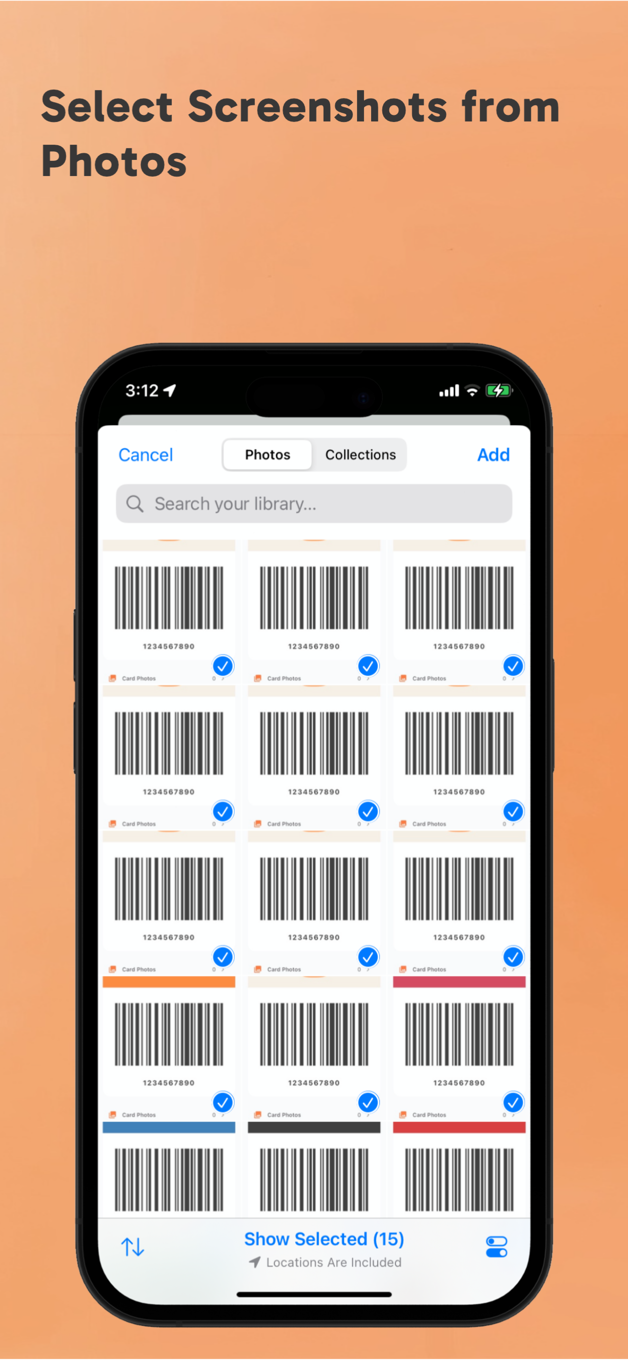 Photo library with screenshots selected for import