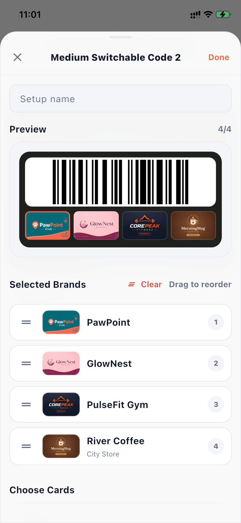 RooCards medium switchable barcode widget setup editor with preview and selected brands