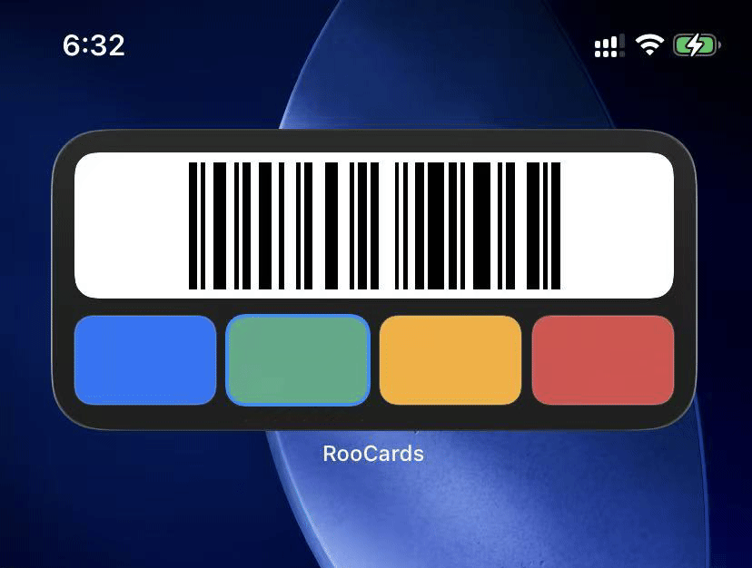 RooCards switchable barcode widget showing checkout codes changing from the iPhone Home Screen
