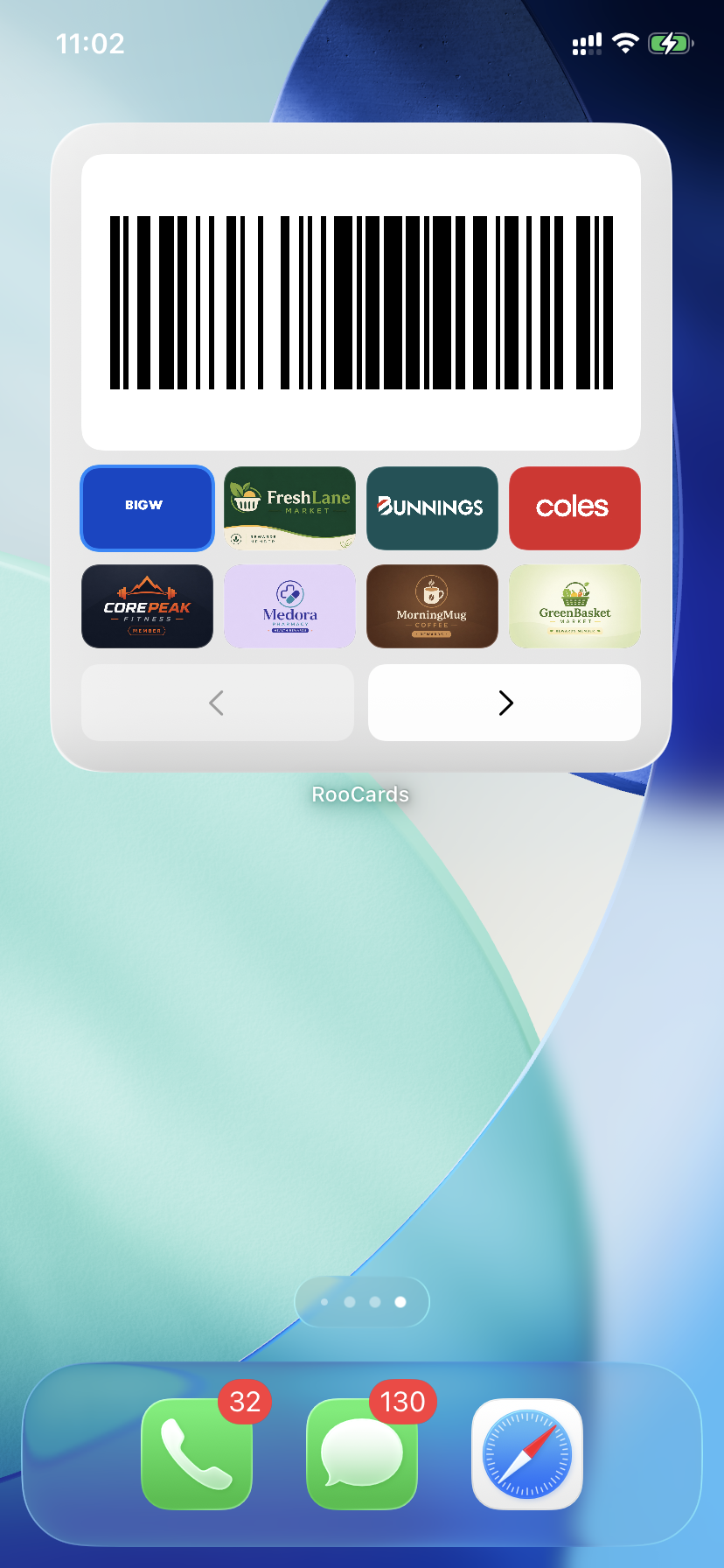 RooCards large Home Screen switchable barcode widget with eight card tiles, paging controls, and a scan-ready barcode