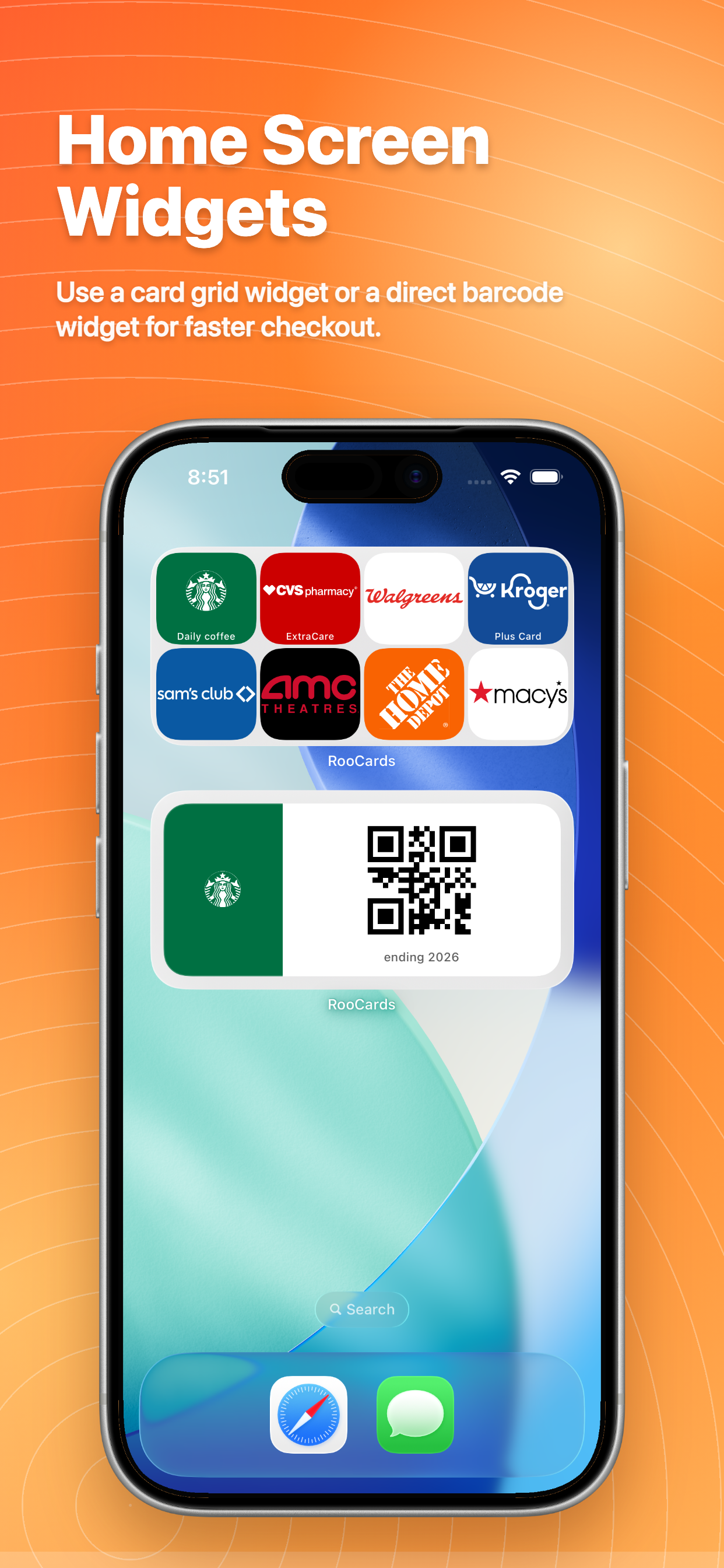 Home Screen card-grid widget and scan-ready barcode and QR widget for faster checkout