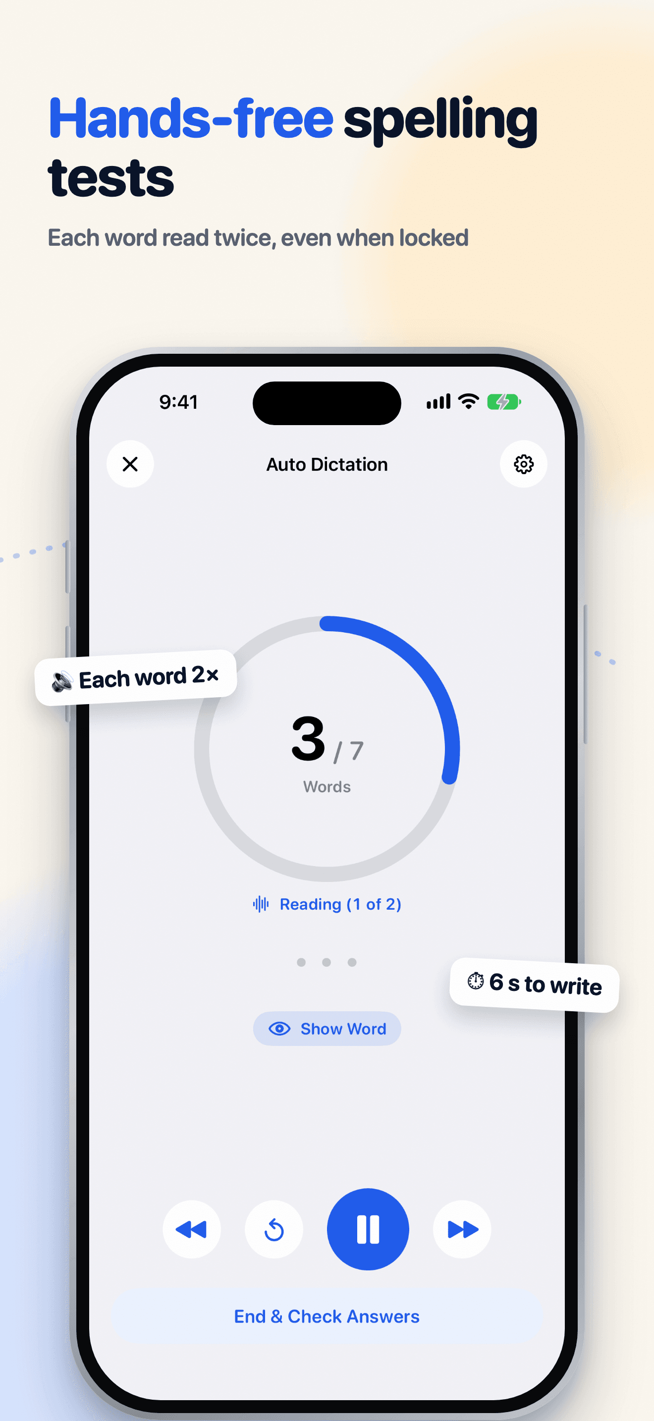 Snap Spell Auto Dictation screen counting through the list, with each word read twice and six seconds to write.