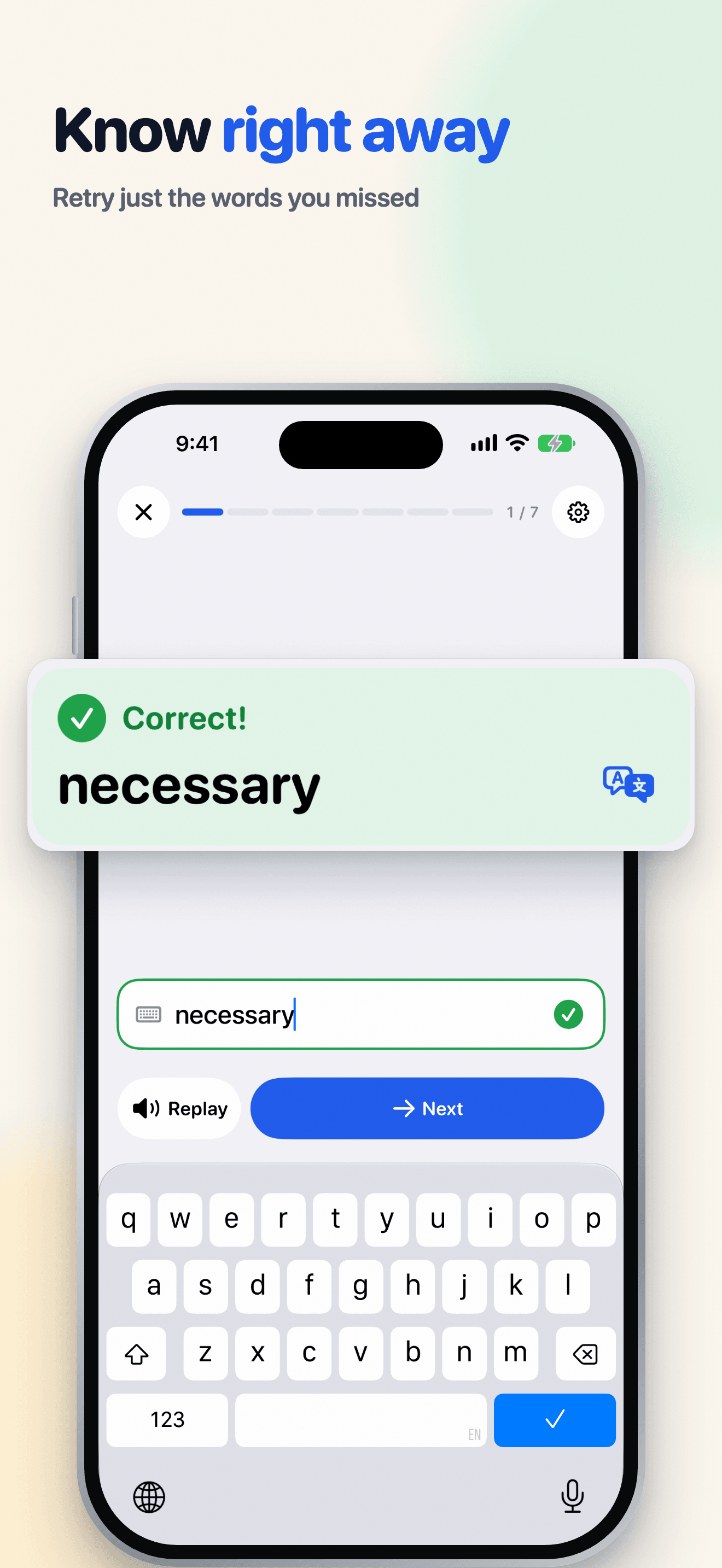 Snap Spell Solo Test screen marking the typed word necessary as correct.