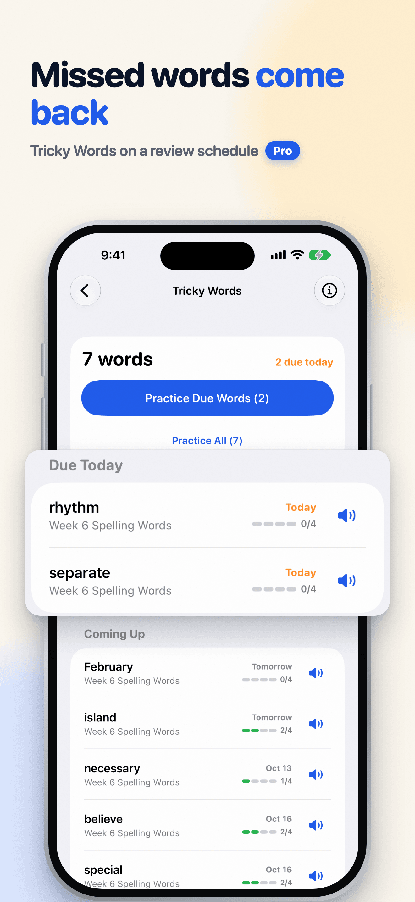 Snap Spell Tricky Words screen listing words due today and coming up on the review schedule.