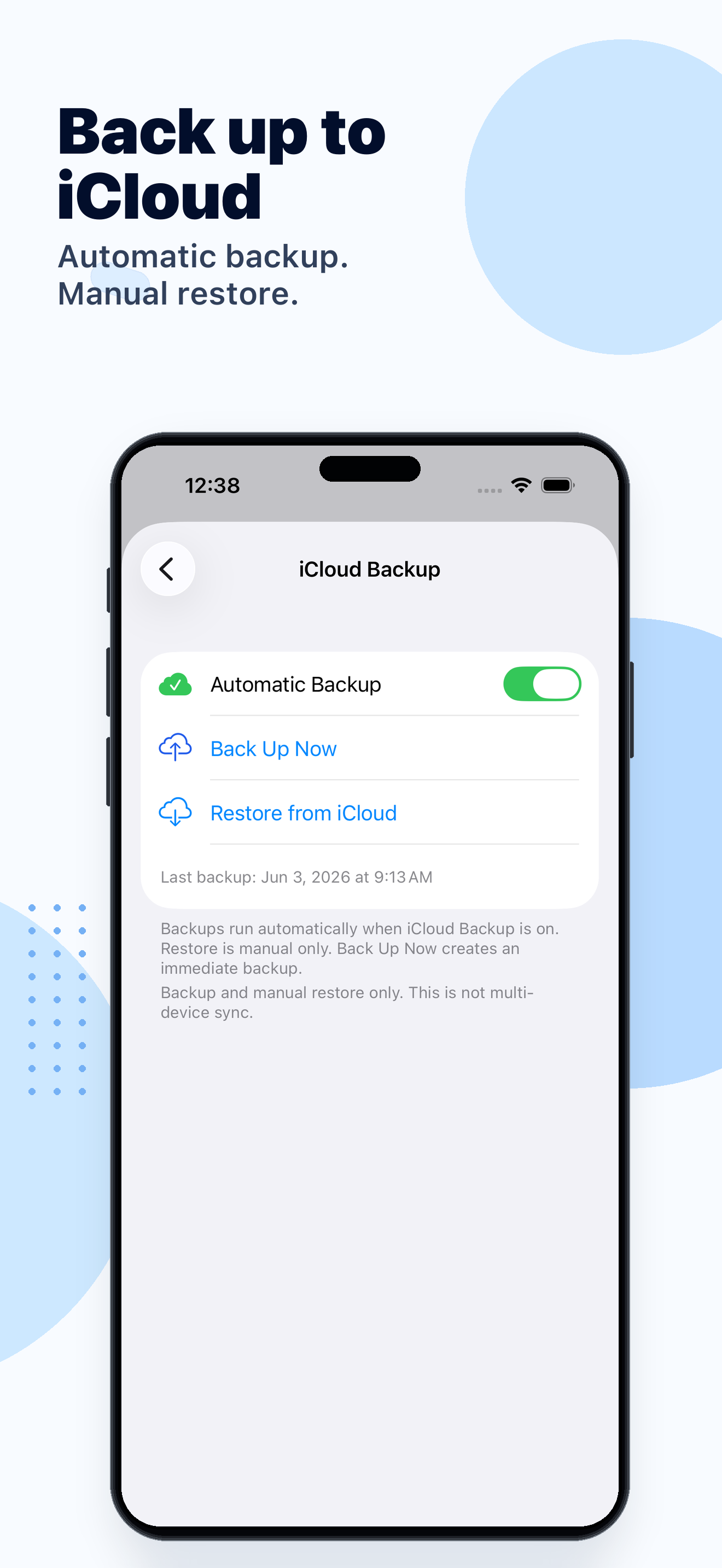 Snap Spell iCloud Backup screen with backup and restore options for word lists and progress.